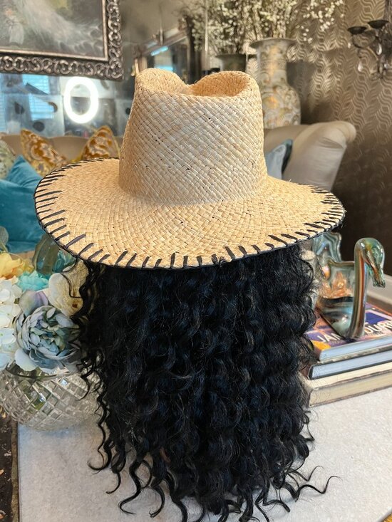 WYETH straw teardrop crown wide brim black thread stitched hat